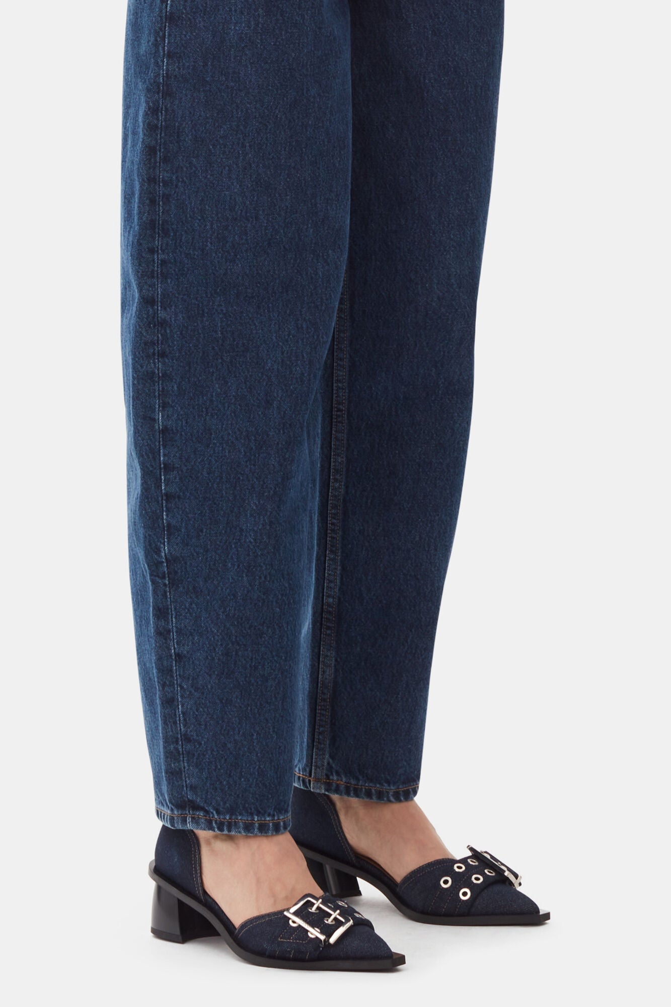 Denim Feminine Buckle Open Cut Pumps | Dark Navy
