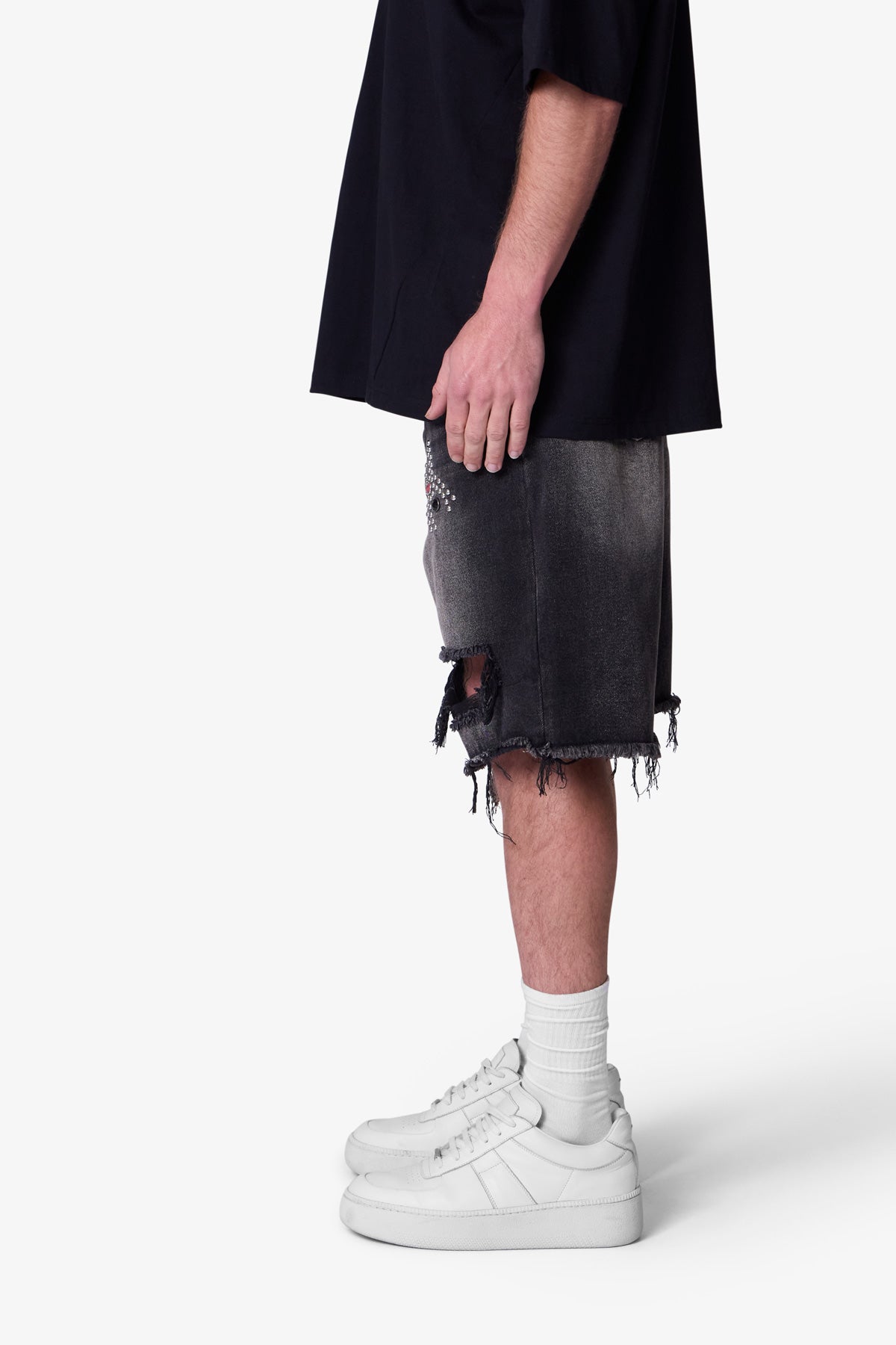 Distressed Spider Denim Shorts | Washed Black