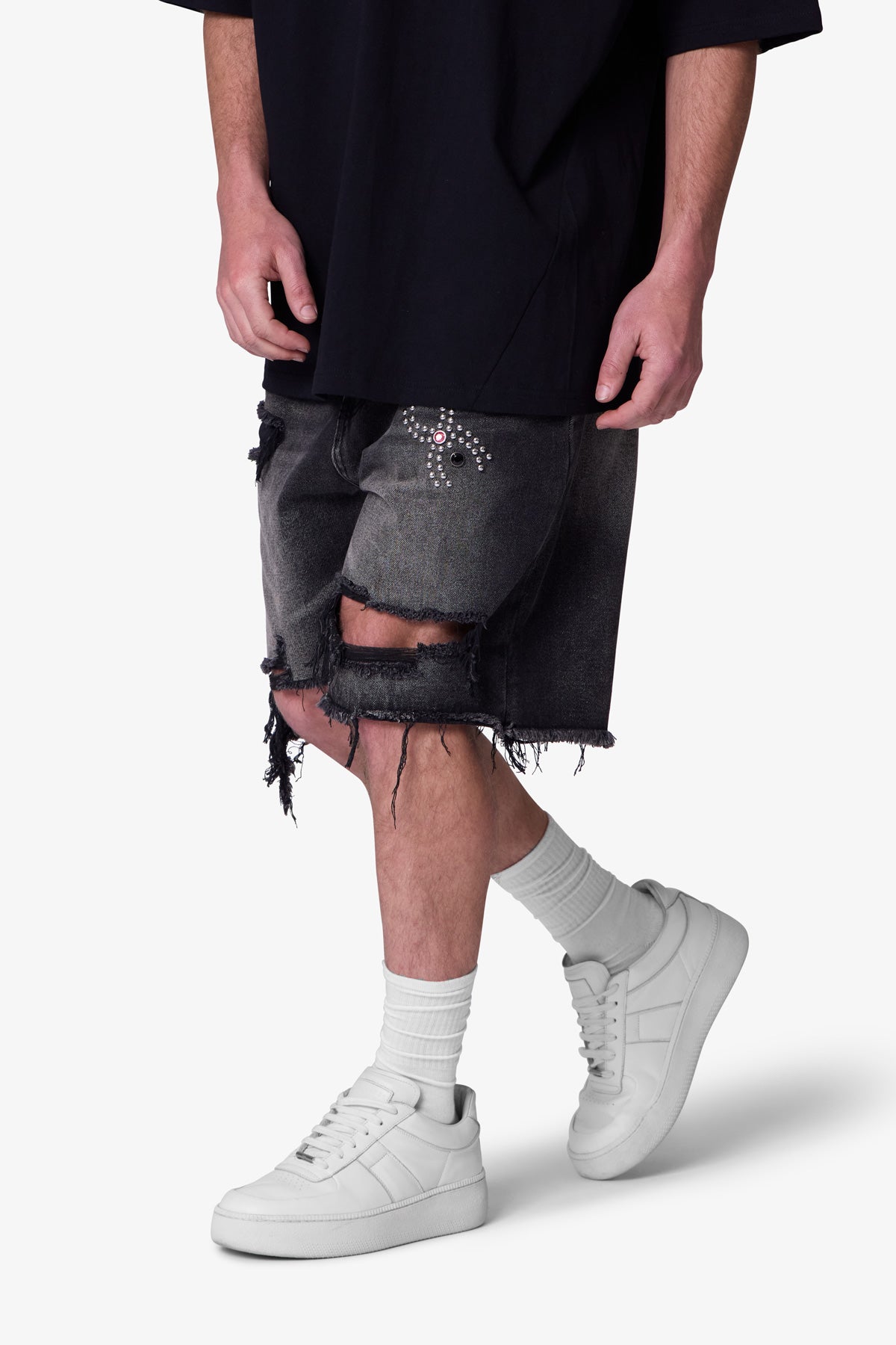 Distressed Spider Denim Shorts | Washed Black