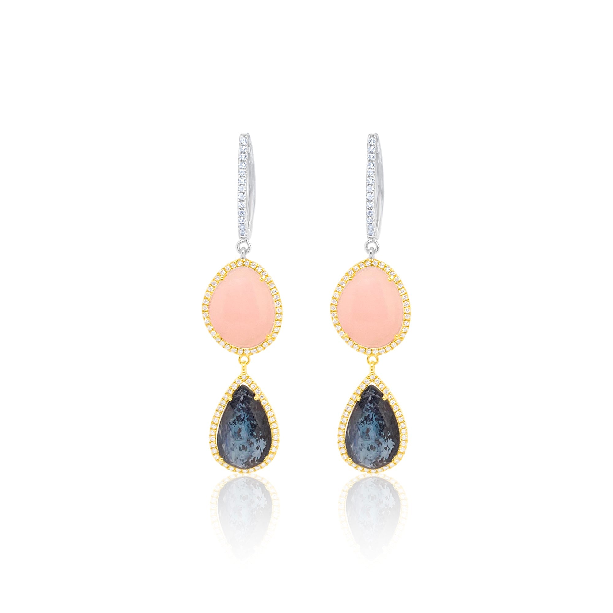 Two Tone Gold Pink Opal And Kyanite Drop Earrings | Two Tone