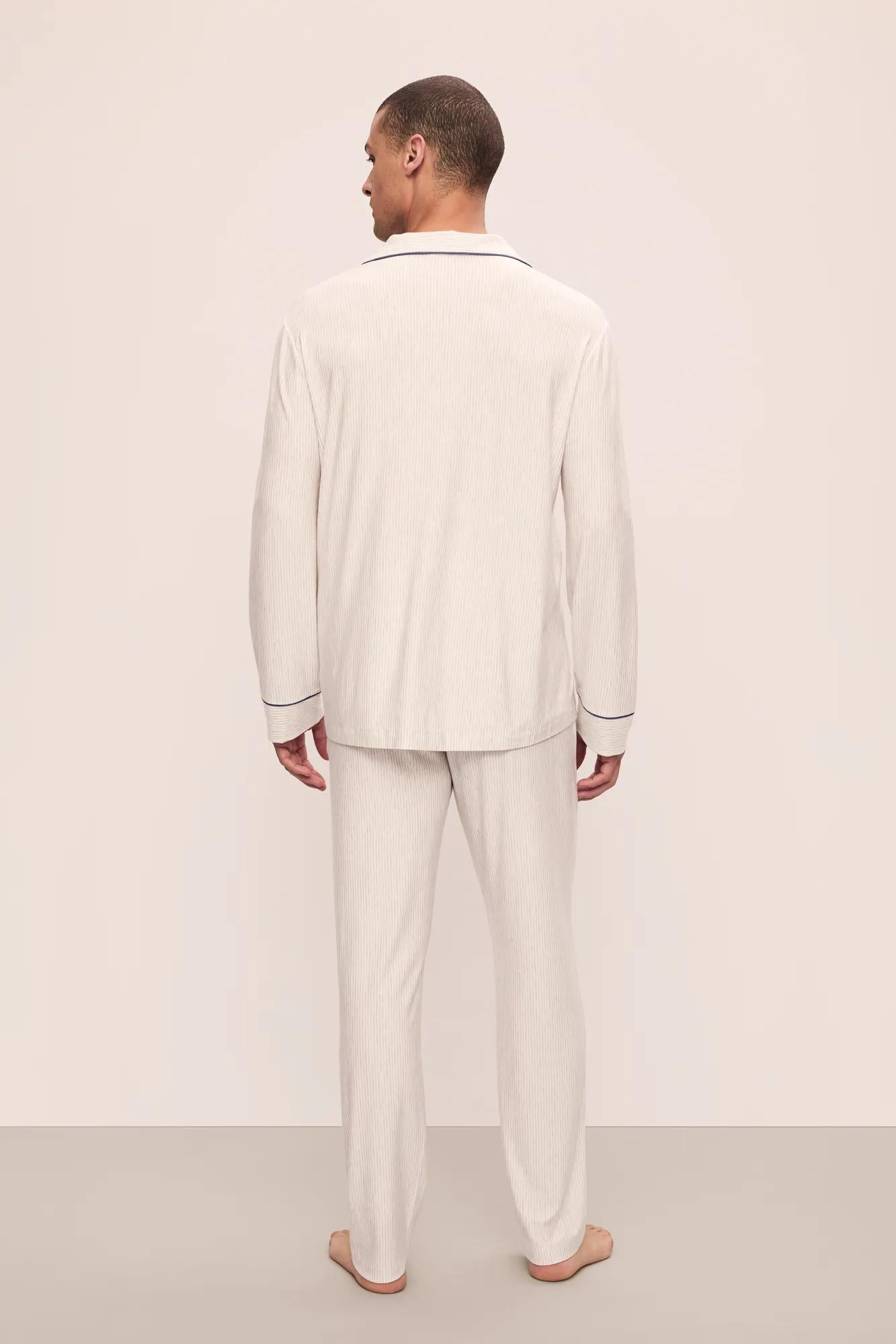 Model is wearing William Printed TENCEL Modal Long PJ Set in Heritage Stripe Light Heather Grey/Peppercorn