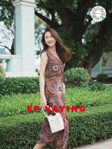 Silk Printed V-Neck Sleeveless Waist-Defining Slimming Dress | Wine Red