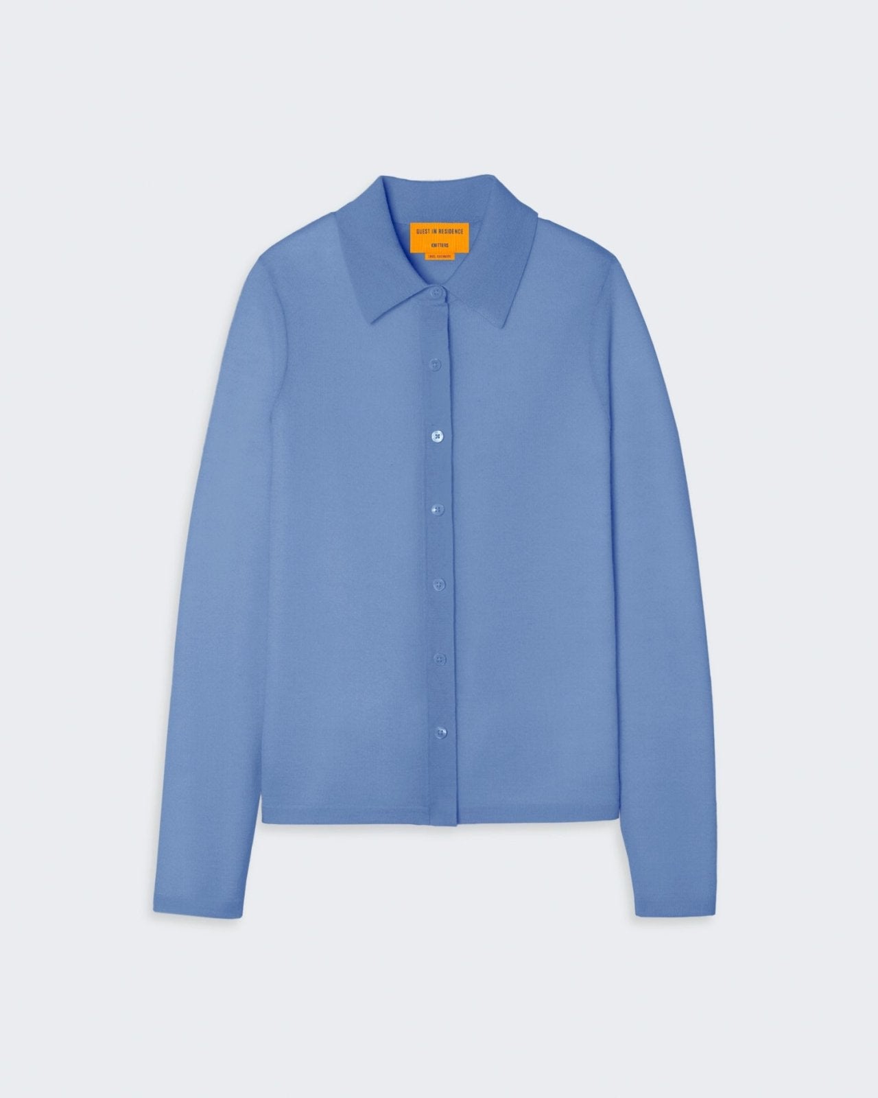 Elle Shirt - French Blue is a slim fit, lightweight cashmere button-down with a shirt collar and front pocket.