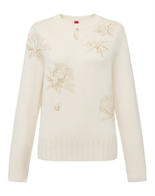 Floral Round-Neck Knit Sweater | Beige