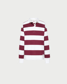 Evan Rugby Shirt in maroon and white striped cotton.
