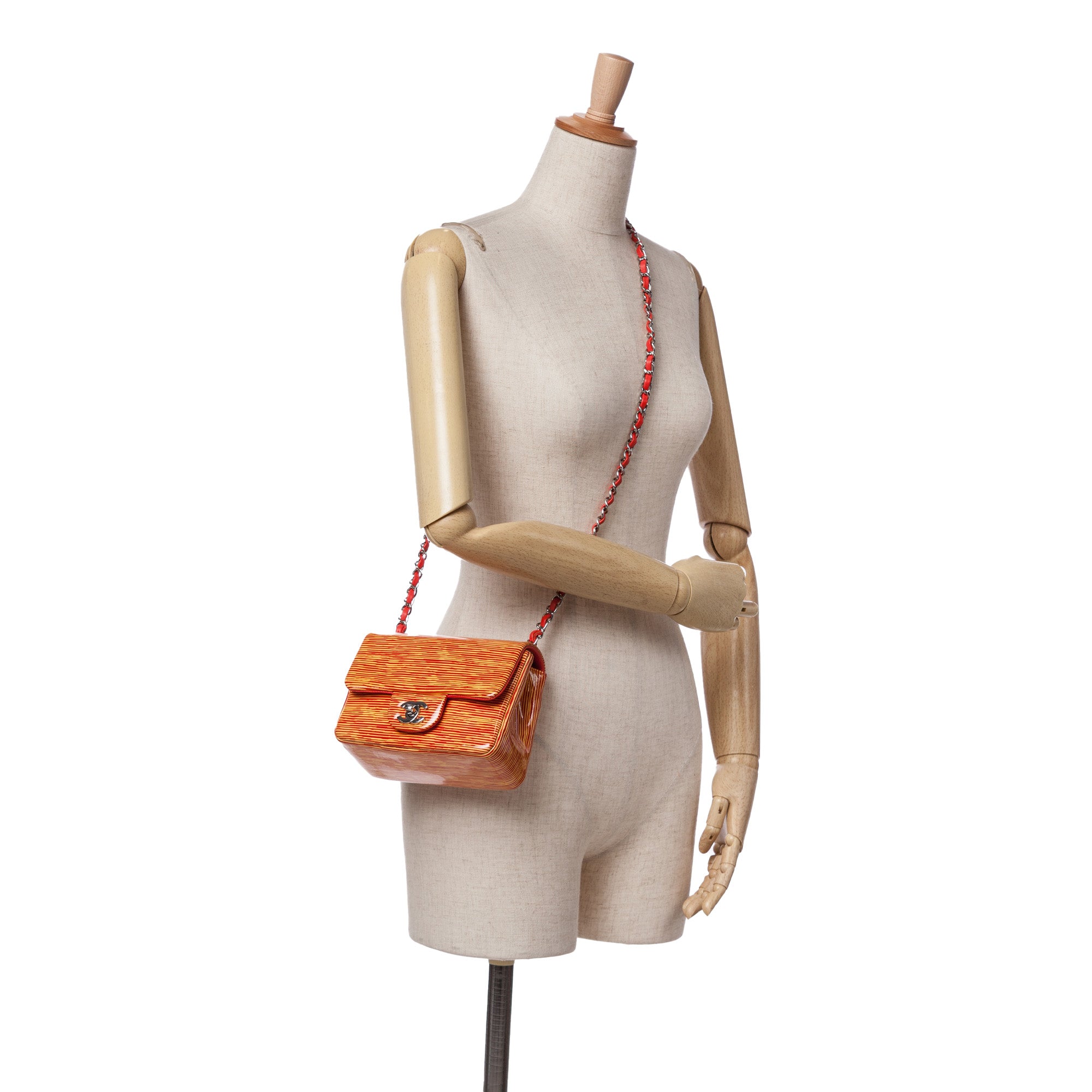 Chanel | Pre-Owned Mini Square Classic Patent Striped Single Flap | Orange