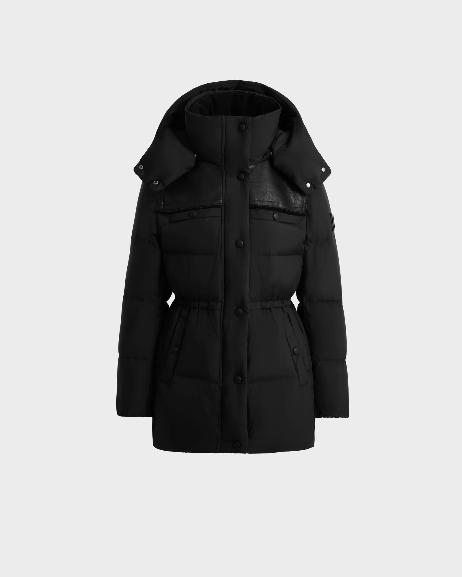The Rudsak EMBER M-M - L125524 Black is a long women’s down puffer jacket with a high collar, removable hood, front buttons, chest and waist pockets, adjustable waist, and a matte quilted finish for a sleek look.