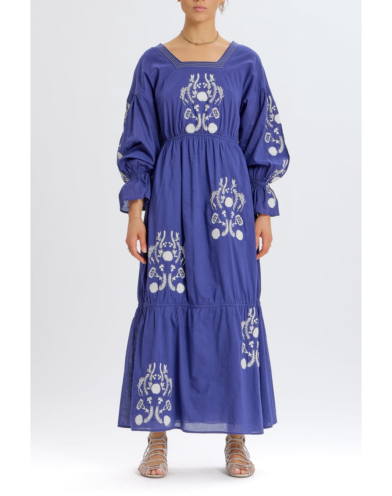Embroidered Tiered Long Sleeve Maxi Dress | Navy Combo