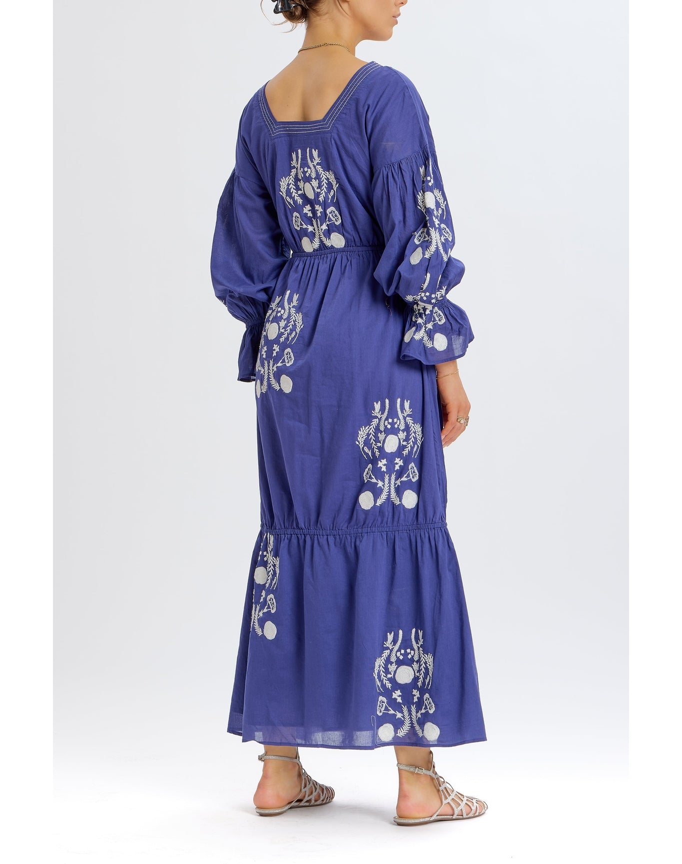 Embroidered Tiered Long Sleeve Maxi Dress | Navy Combo