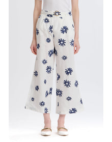 Embroidered Wide Leg Pant with Belt | White Combo