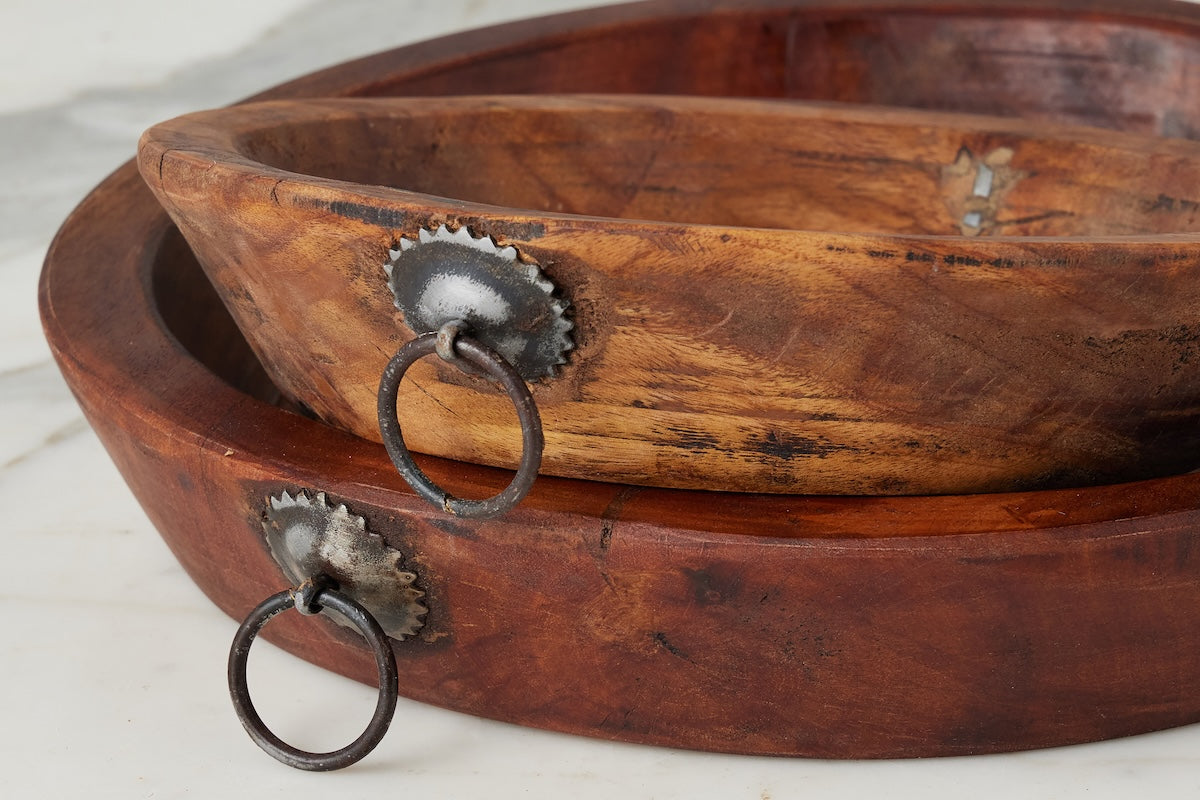Vintage Wood Bowl with Iron Handle | Natural | Small