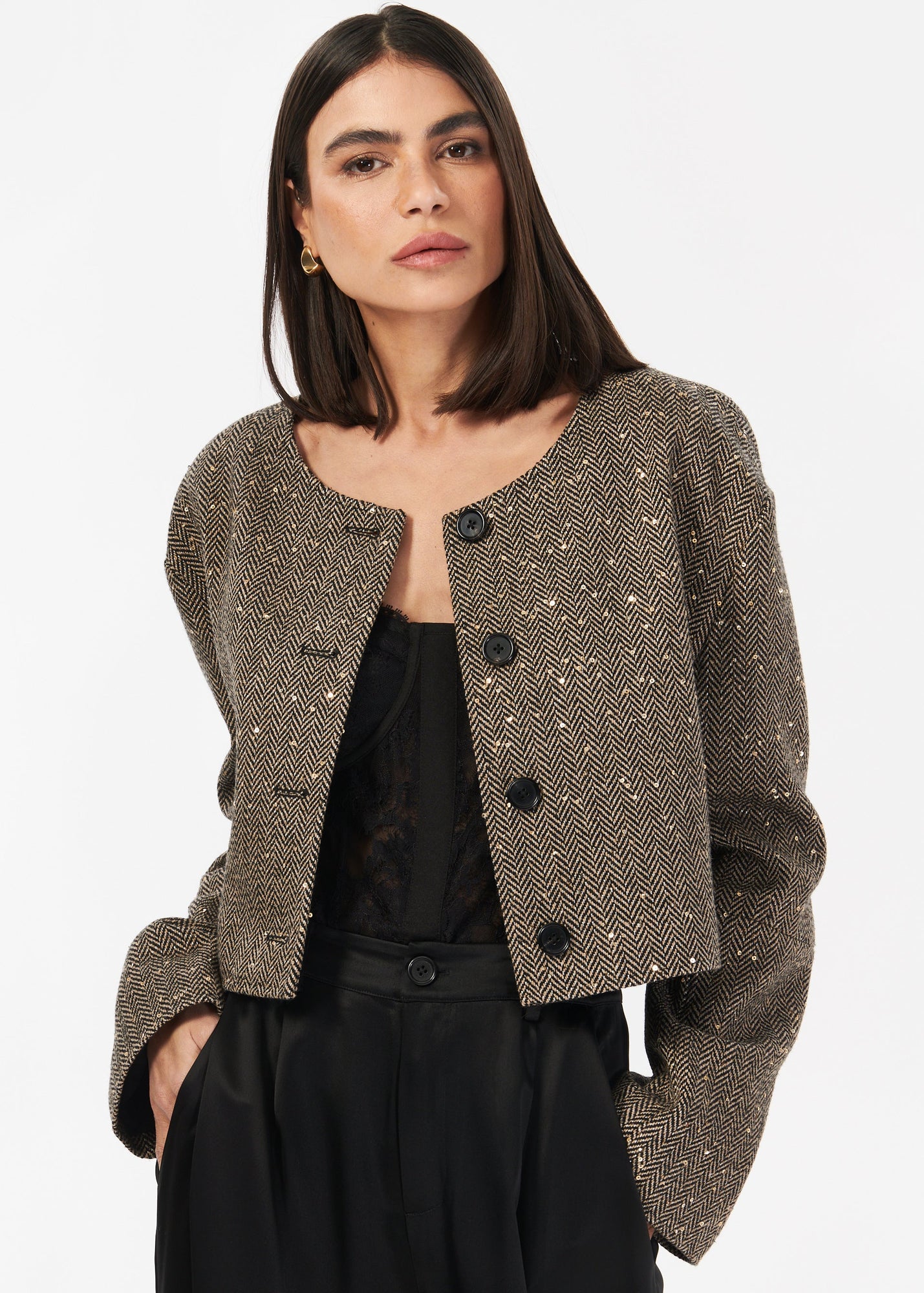 Serrano Sequin Tweed Cropped Jacket | Black and Tan