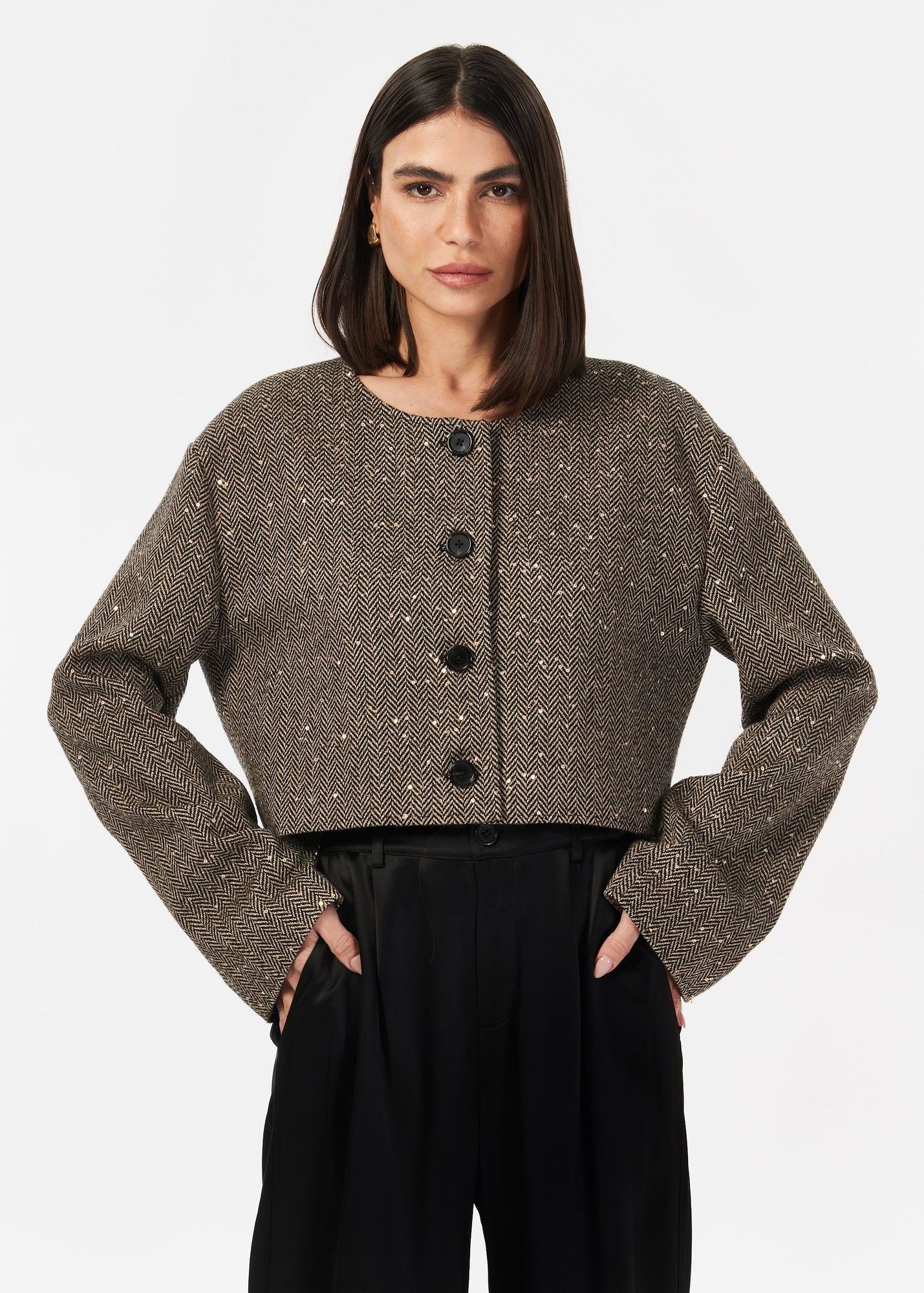 Serrano Sequin Tweed Cropped Jacket | Black and Tan