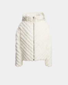 The ANASTASIA - 8124804 Iceland jacket by Rudsak features white faux fur with diagonal texture, long sleeves, a hood, and a front zipper—ideal for those who love the cozy style of a velvet puffer. Displayed on a light gray background.