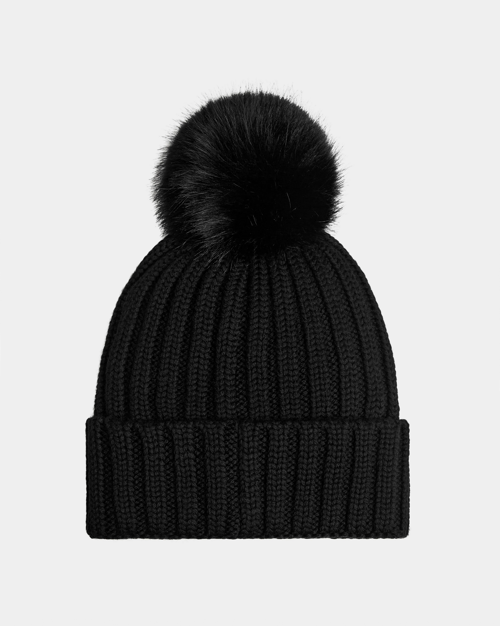 The ANISA - L423500 Black/Black ribbed knit beanie by Rudsak features a large faux fur pom pom, making it a stylish winter accessory. Displayed on a plain white background.