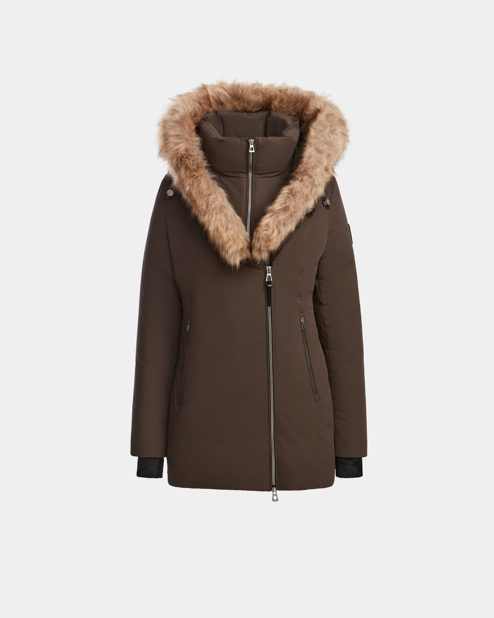 The Rudsak AURORE - L123561 Espresso is a fitted brown down parka with a large fur-lined hood, asymmetrical front zipper, and long sleeves, shown against a plain white background.