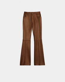 The CARISSA - 8524545 Antique Bronze womens leather pants by Rudsak showcase a retro chic design with a flared silhouette, front pockets, and button closure.