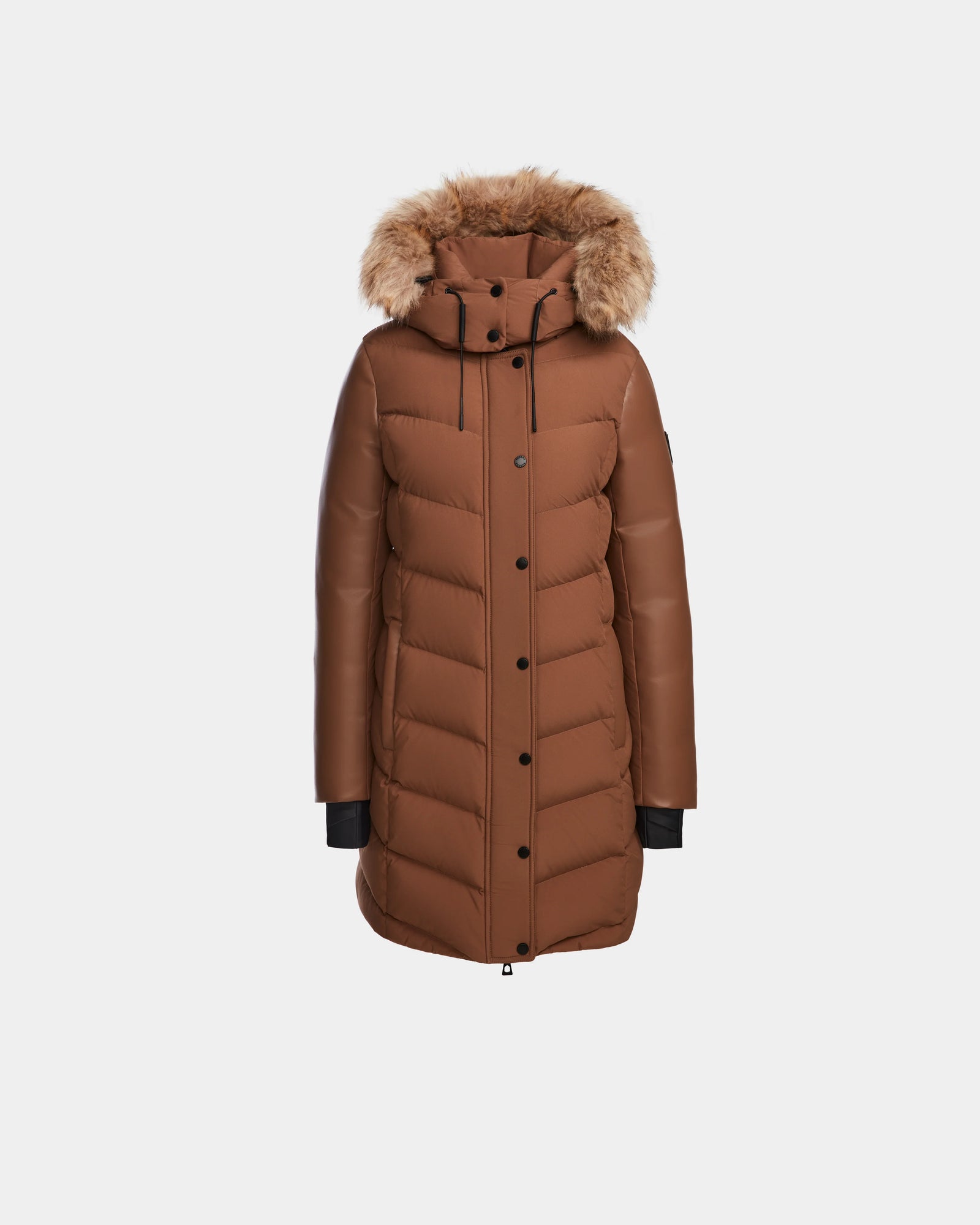 The Rudsak ELSA - L123535 Taupe women’s quilted down puffer features a knee-length brown design, fur-lined hood, button and zip closure, black inner cuffs, and RDS-certified down, shown on a plain white background.