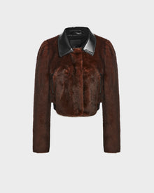 The EVELYN - 8124791 Espresso by Rudsak is a cropped, long-sleeve brown faux fur jacket with a black leather collar and two vertical zippered pockets, shown against a plain light background.