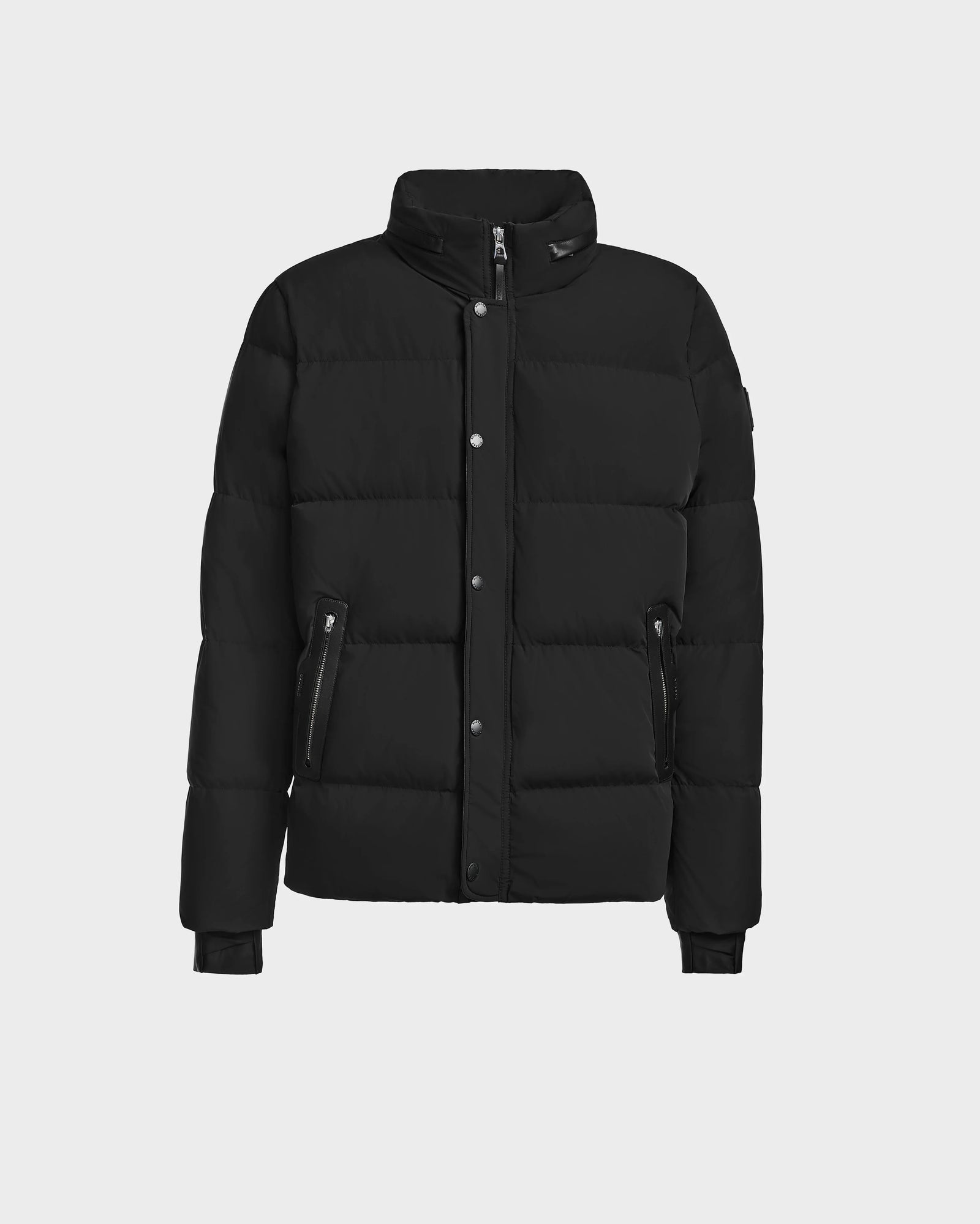 The Rudsak KARLS - M124505 Black mens puffer jacket features RDS-certified down, a high collar, front zipper with snap buttons, two zippered side pockets, and ribbed cuffs, shown on a plain white background.