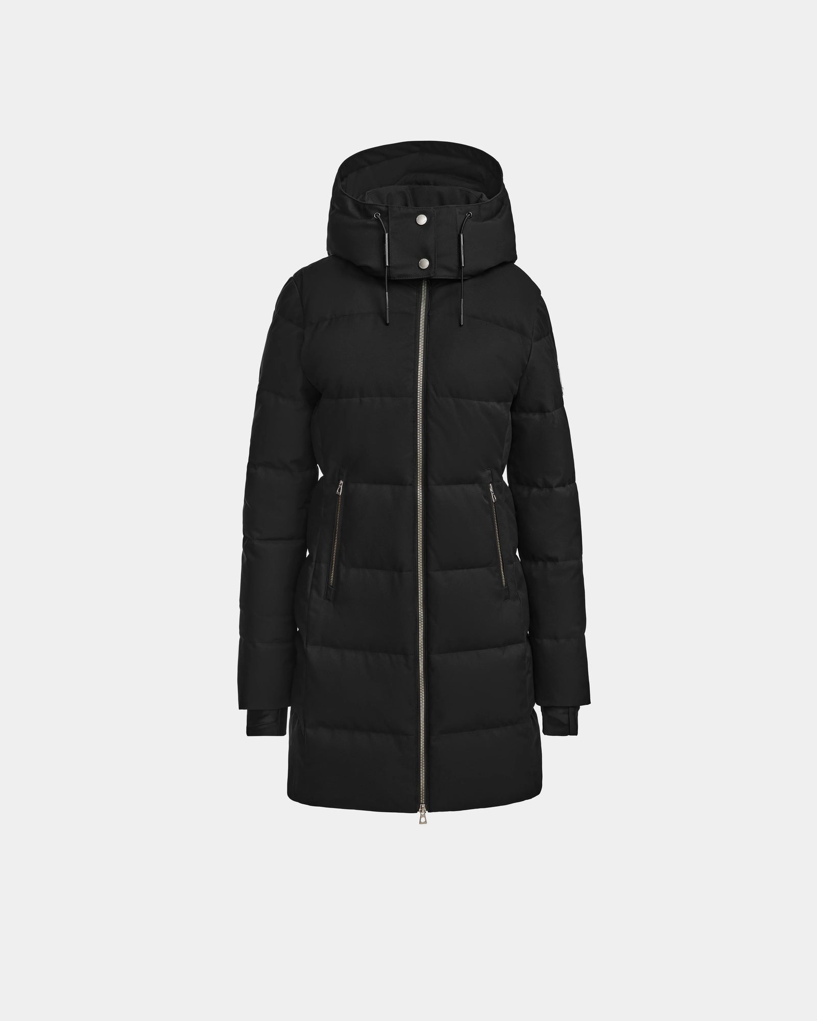 The Rudsak MIRIAM - L123544 Black is a womens long black down puffer coat with a hood, front zipper, two zippered side pockets, quilted stitch detailing, and RDS-certified down, shown on a plain light background.