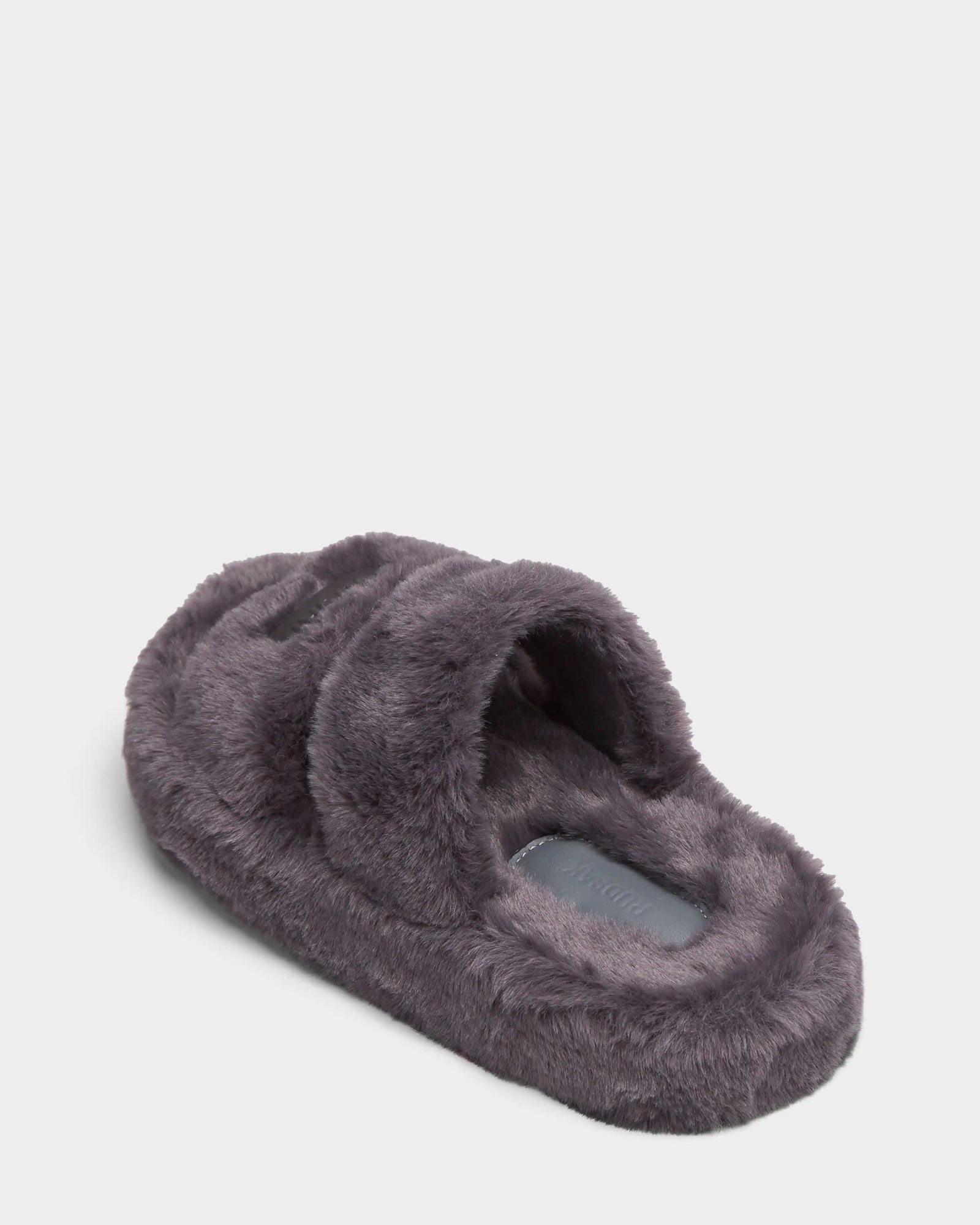 A single ZETA - 8224508 Grey women’s faux fur slipper by Rudsak, in dark gray with an open toe and thick strap, is displayed on a plain white background.
