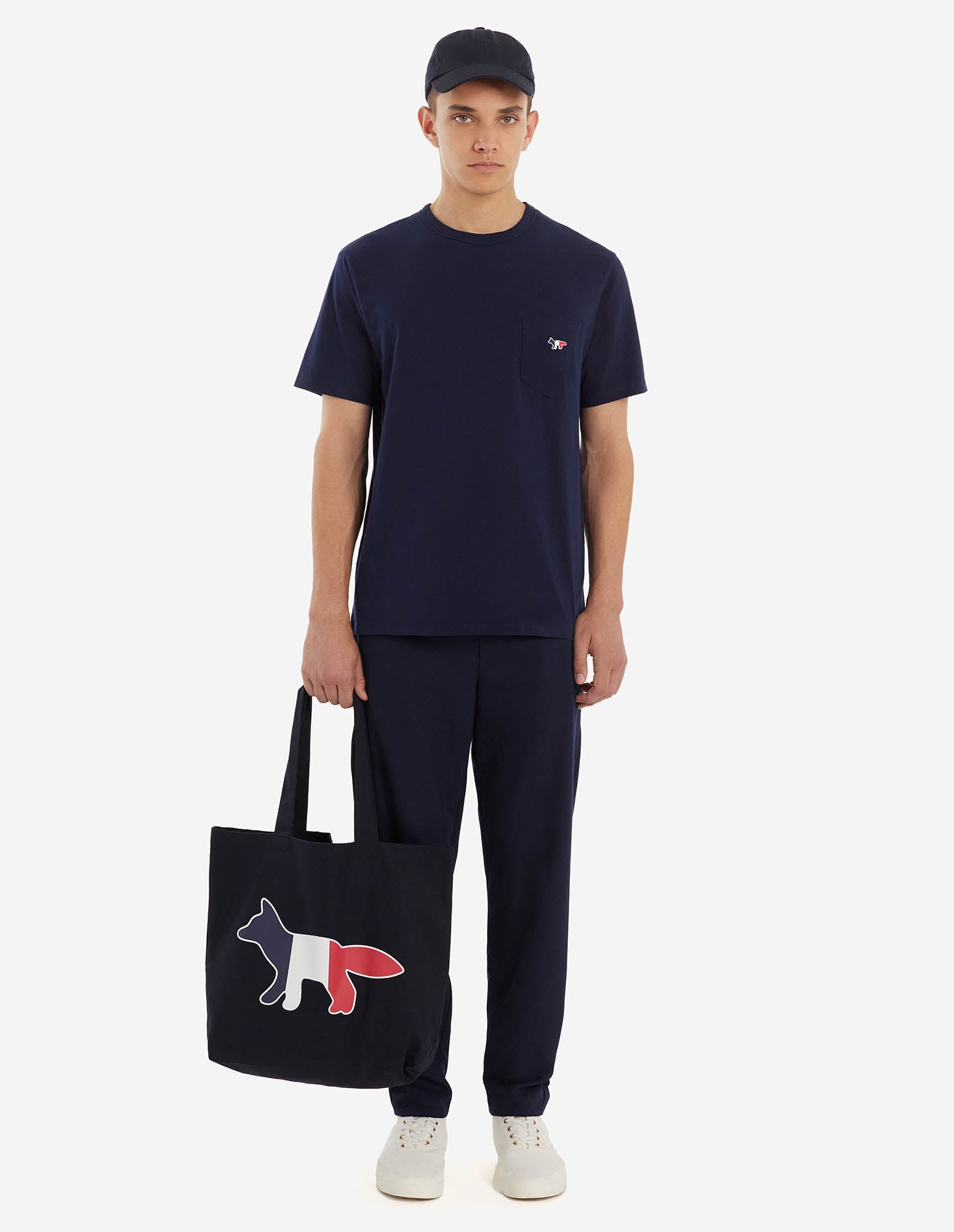 Mens | Tricolor Fox Patch Short-Sleeve Classic Pocket Cotton Tee-Shirt | Navy