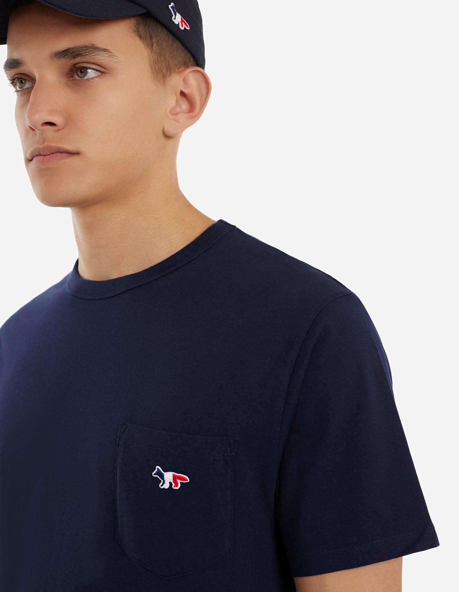 Mens | Tricolor Fox Patch Short-Sleeve Classic Pocket Cotton Tee-Shirt | Navy