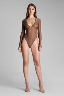 Open Back Long Sleeve Thong Bodysuit - French Kiss Light | Mocha