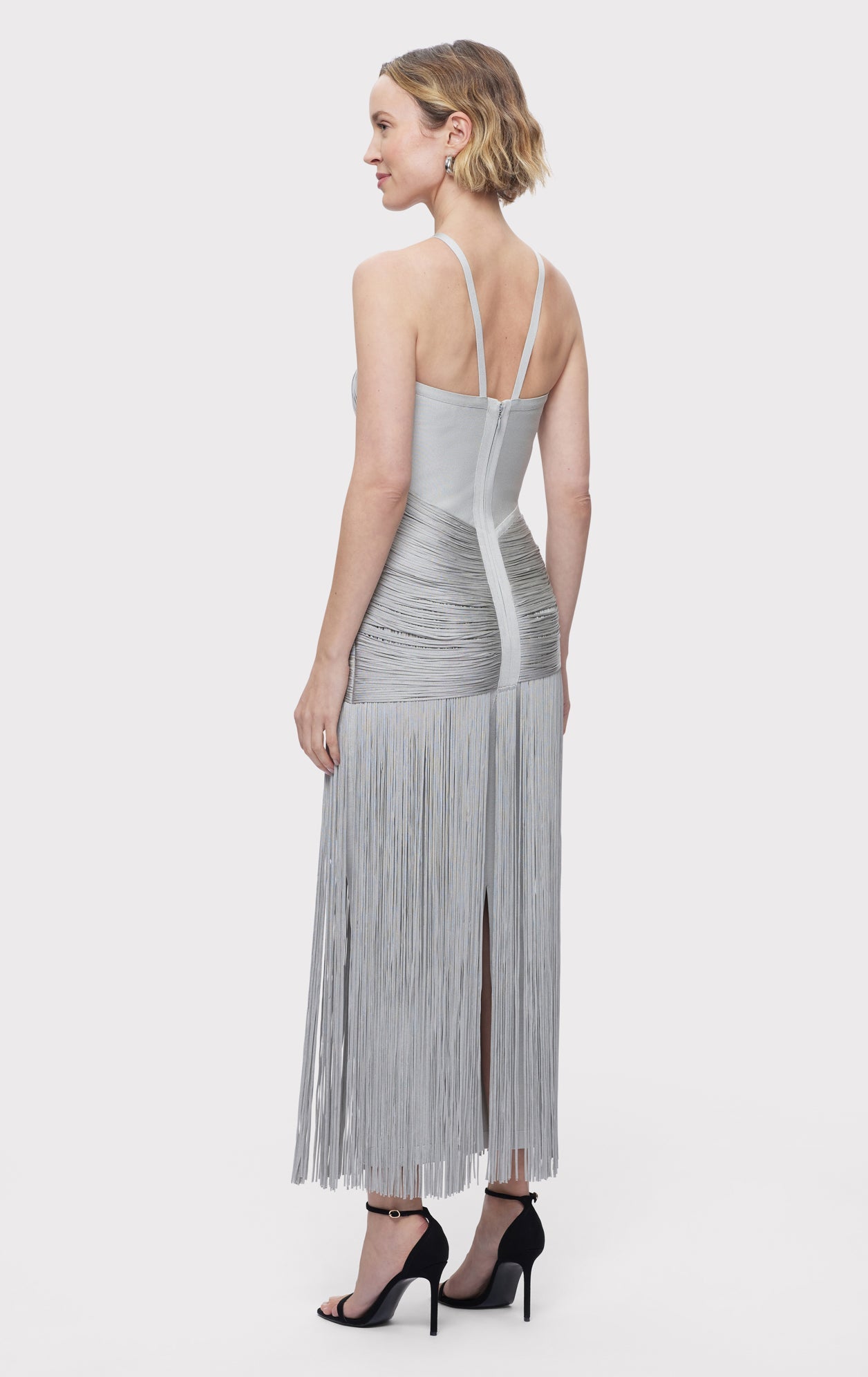 Asymmetric Draped Fringe Halter Gown | Mist