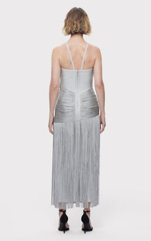 Asymmetric Draped Fringe Halter Gown | Mist