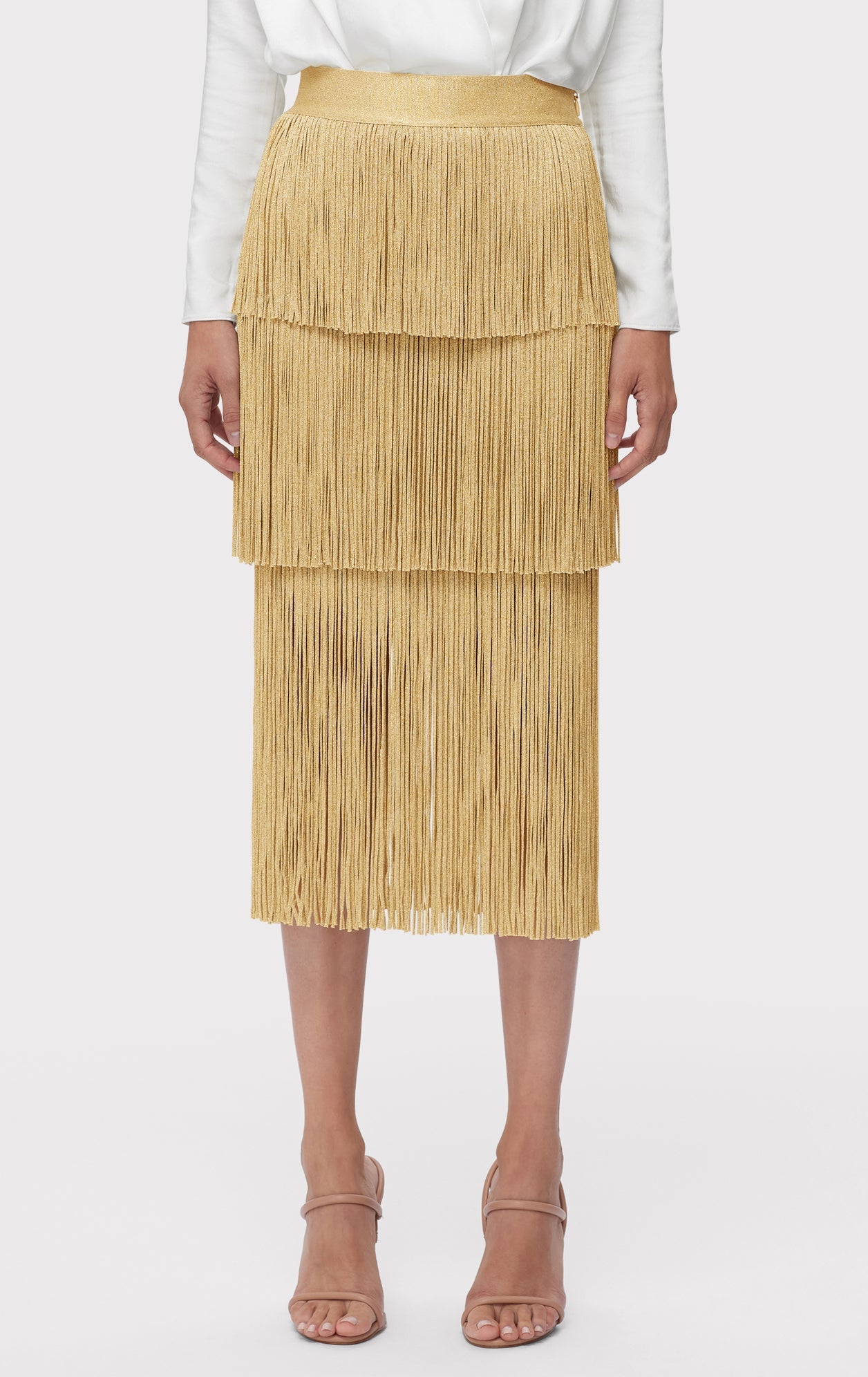 Icon Metallic Layered Fringe Midi Skirt | Metallic Gold