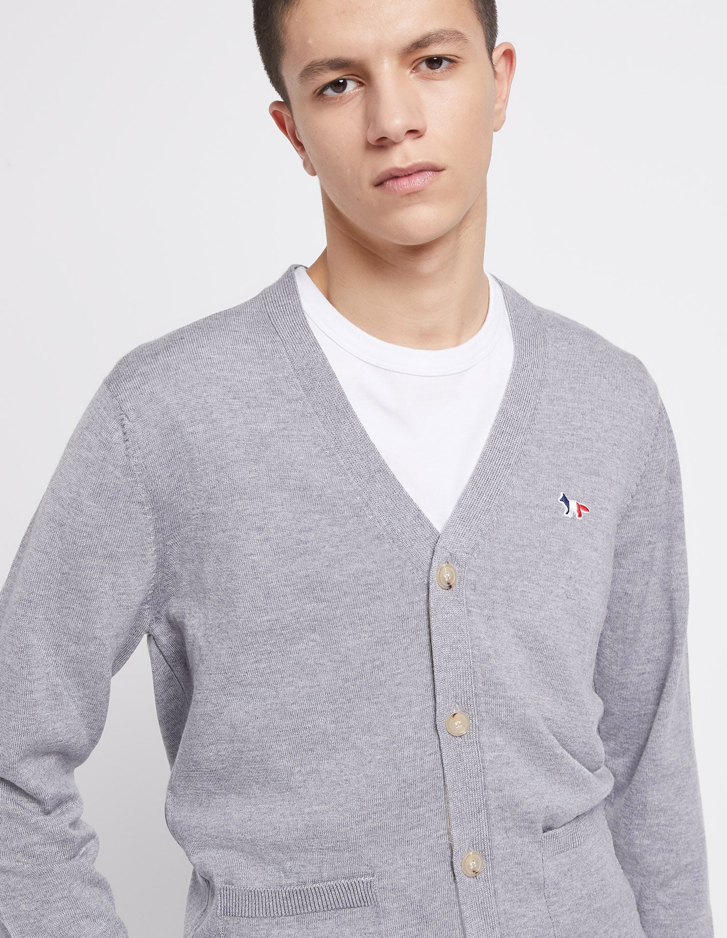 Mens | Tricolor Fox Patch Classic Cardigan | Grey Melange