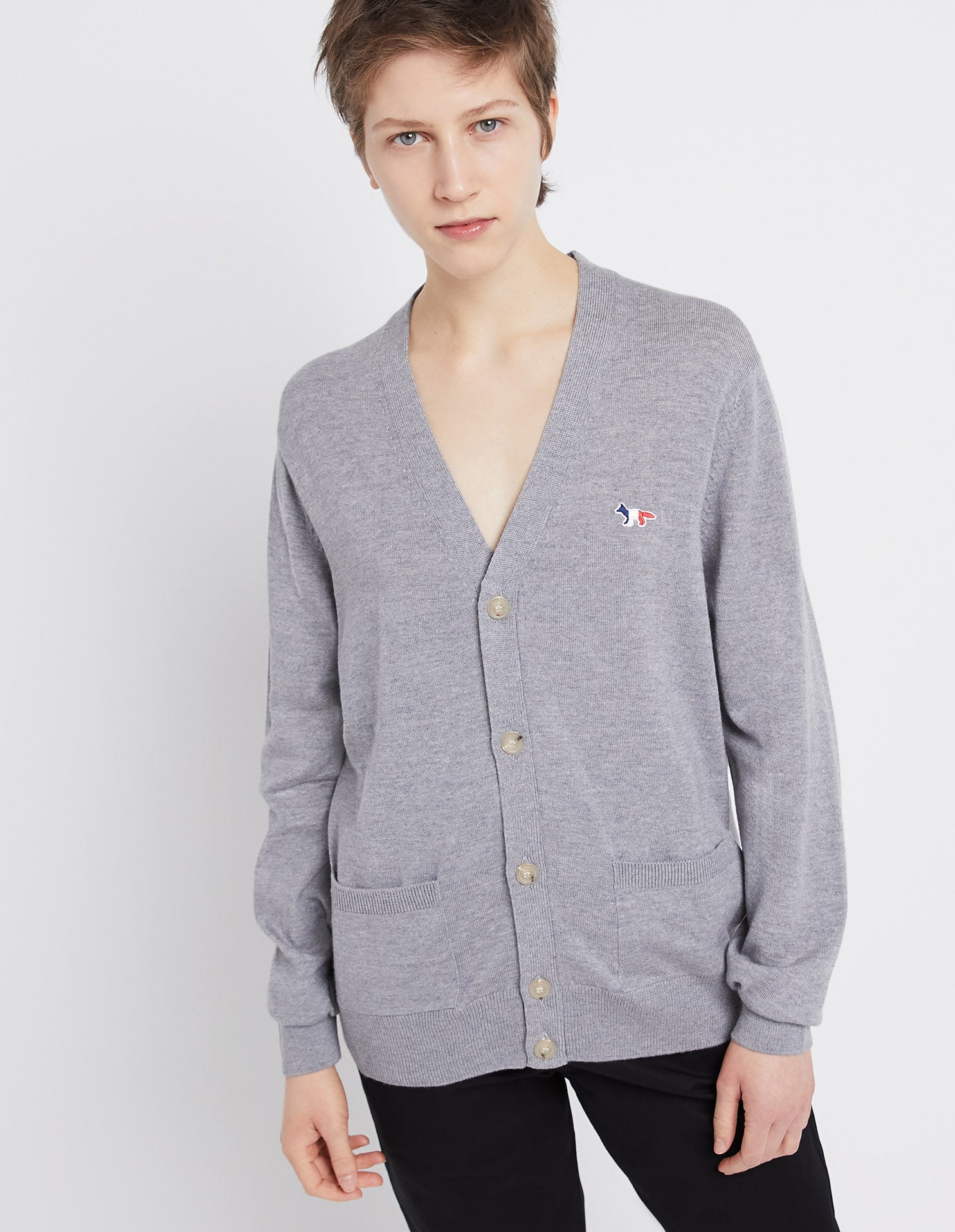 Mens | Tricolor Fox Patch Classic Cardigan | Grey Melange