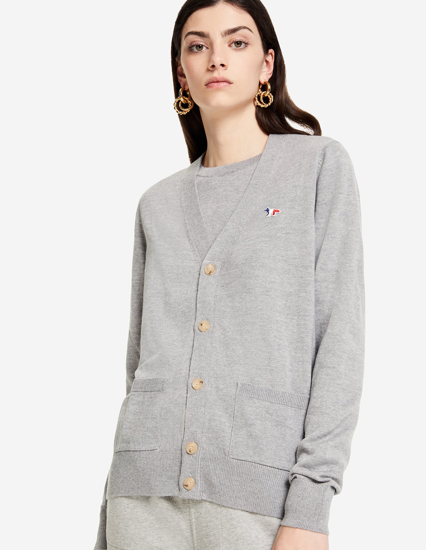 Mens | Tricolor Fox Patch Classic Cardigan | Grey Melange