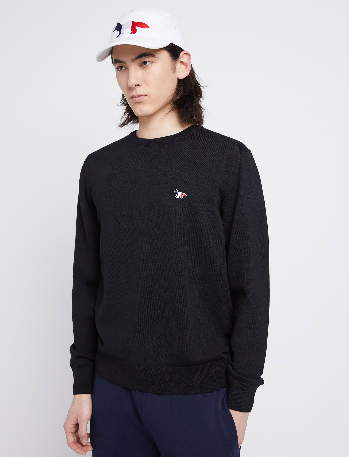 Unisex | Tricolor Fox Patch Classic R-Neck Wool Pullover | Black