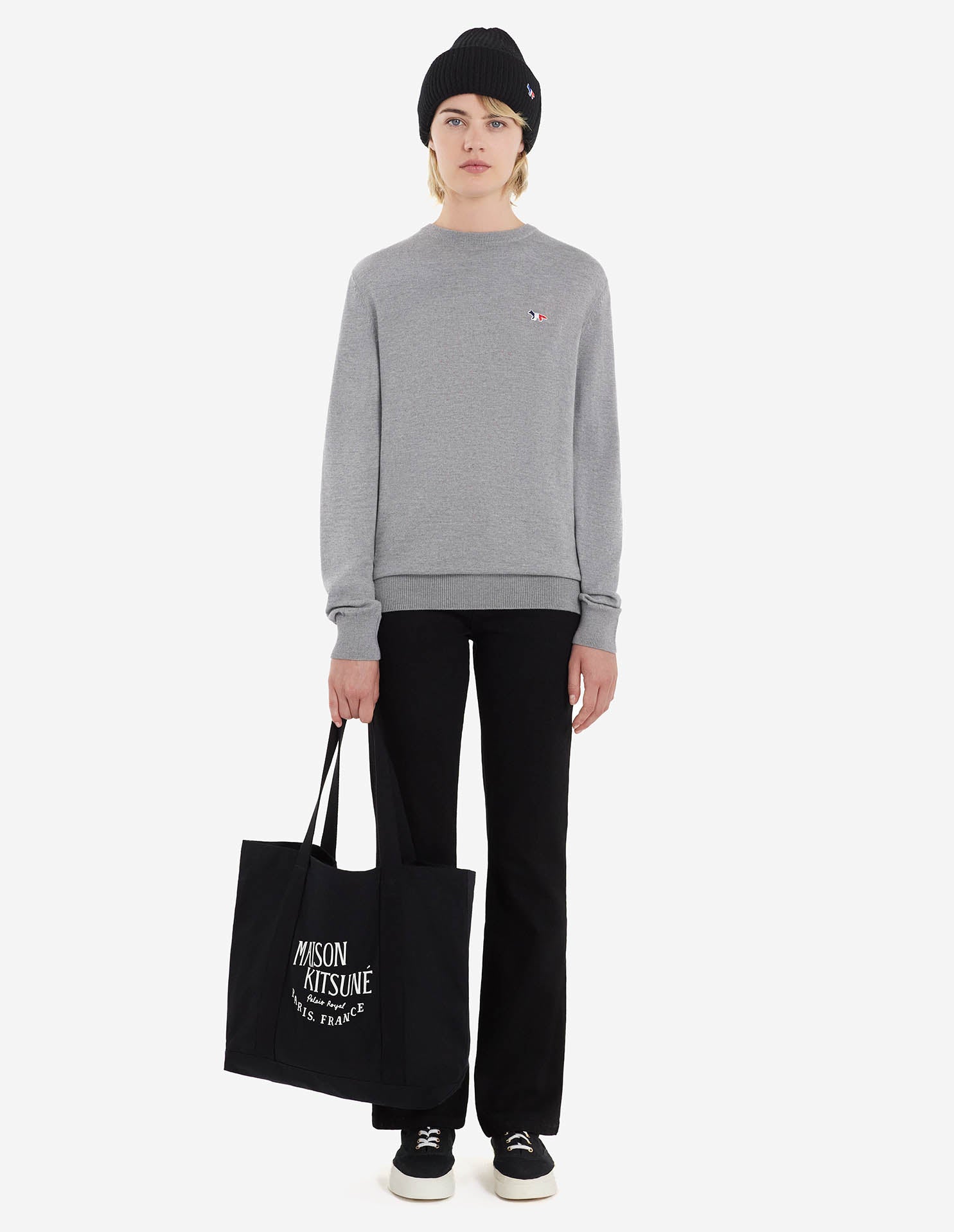 Unisex | Tricolor Fox Patch Classic R-Neck Wool Pullover | Grey Melange
