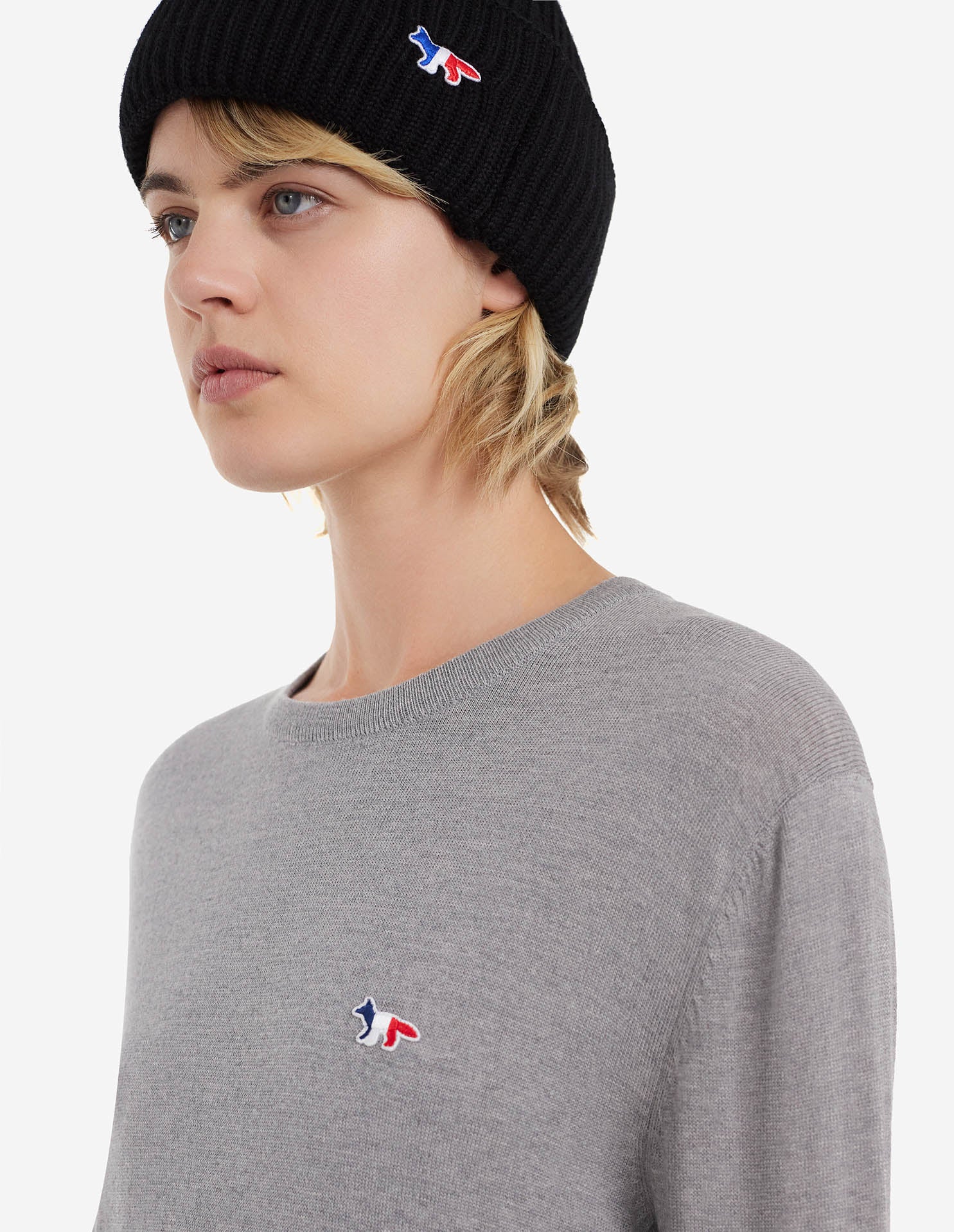 Unisex | Tricolor Fox Patch Classic R-Neck Wool Pullover | Grey Melange