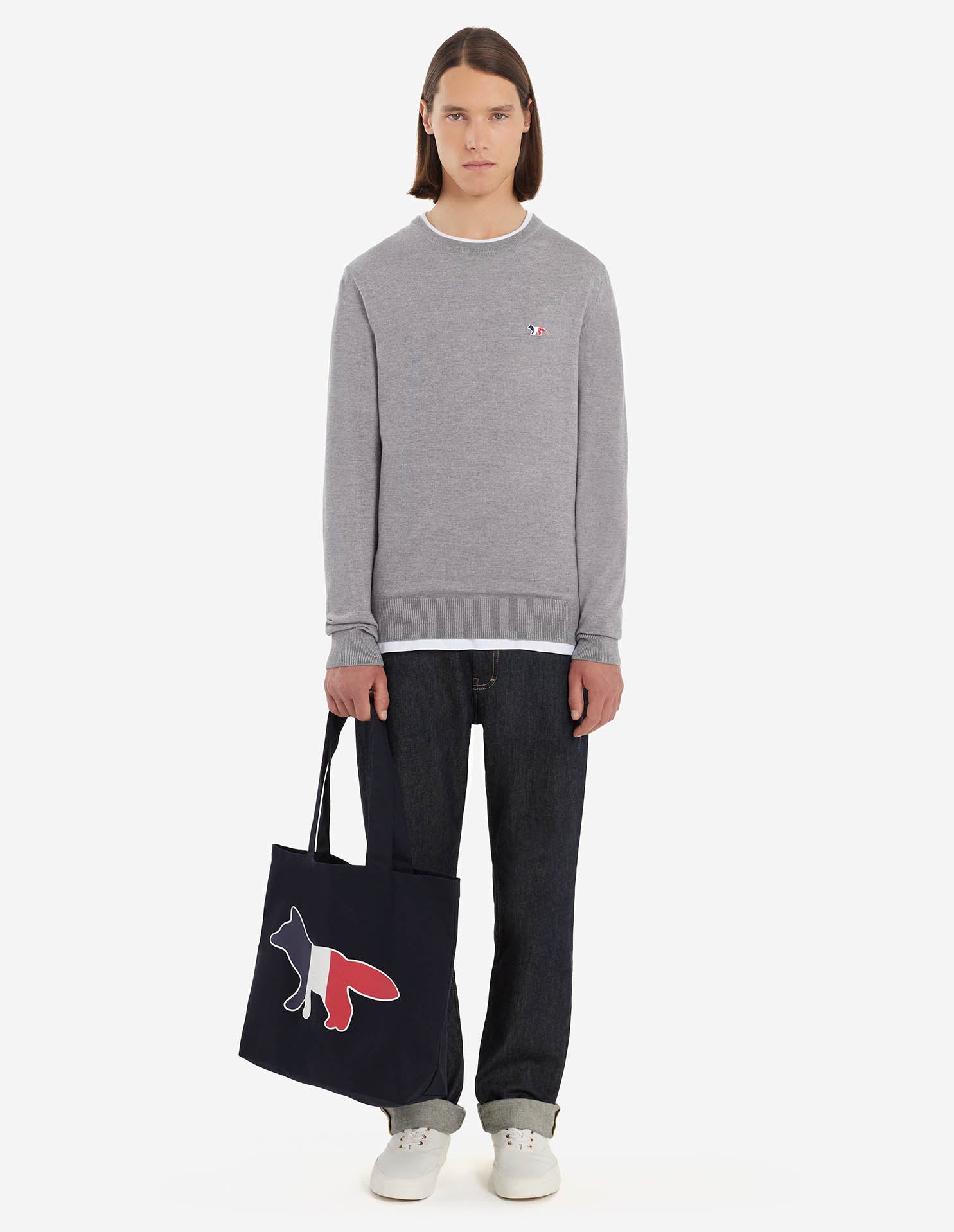 Unisex | Tricolor Fox Patch Classic R-Neck Wool Pullover | Grey Melange