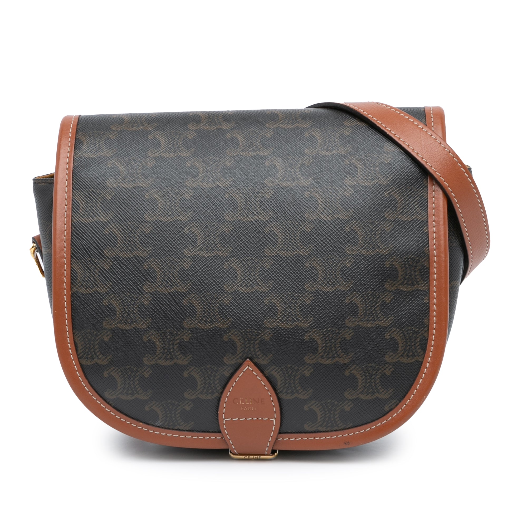Celine | Pre-Owned Medium Triomphe Coated Canvas Folco Crossbody - II | Caramel/Dark Brown