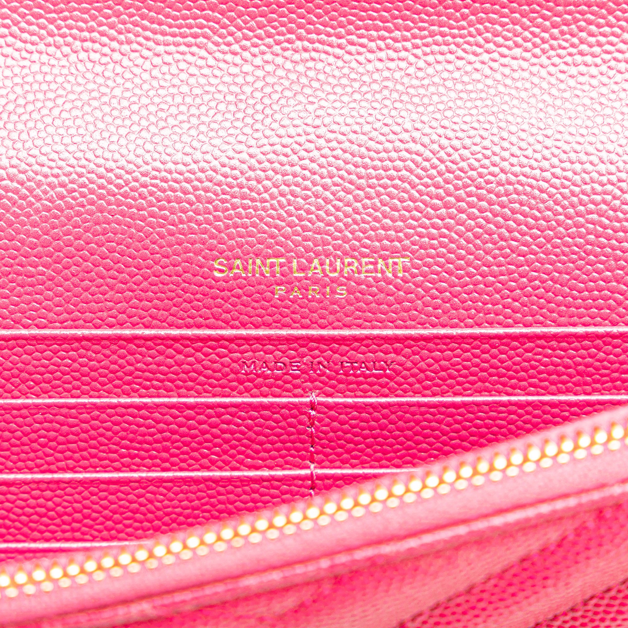 Saint Laurent | Pre-Owned Grain De Poudre Cassandre Envelope Chain Wallet | Pink/Hot Pink