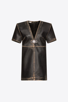 Studded Leather V-Neck T-Shirt Dress | Black
