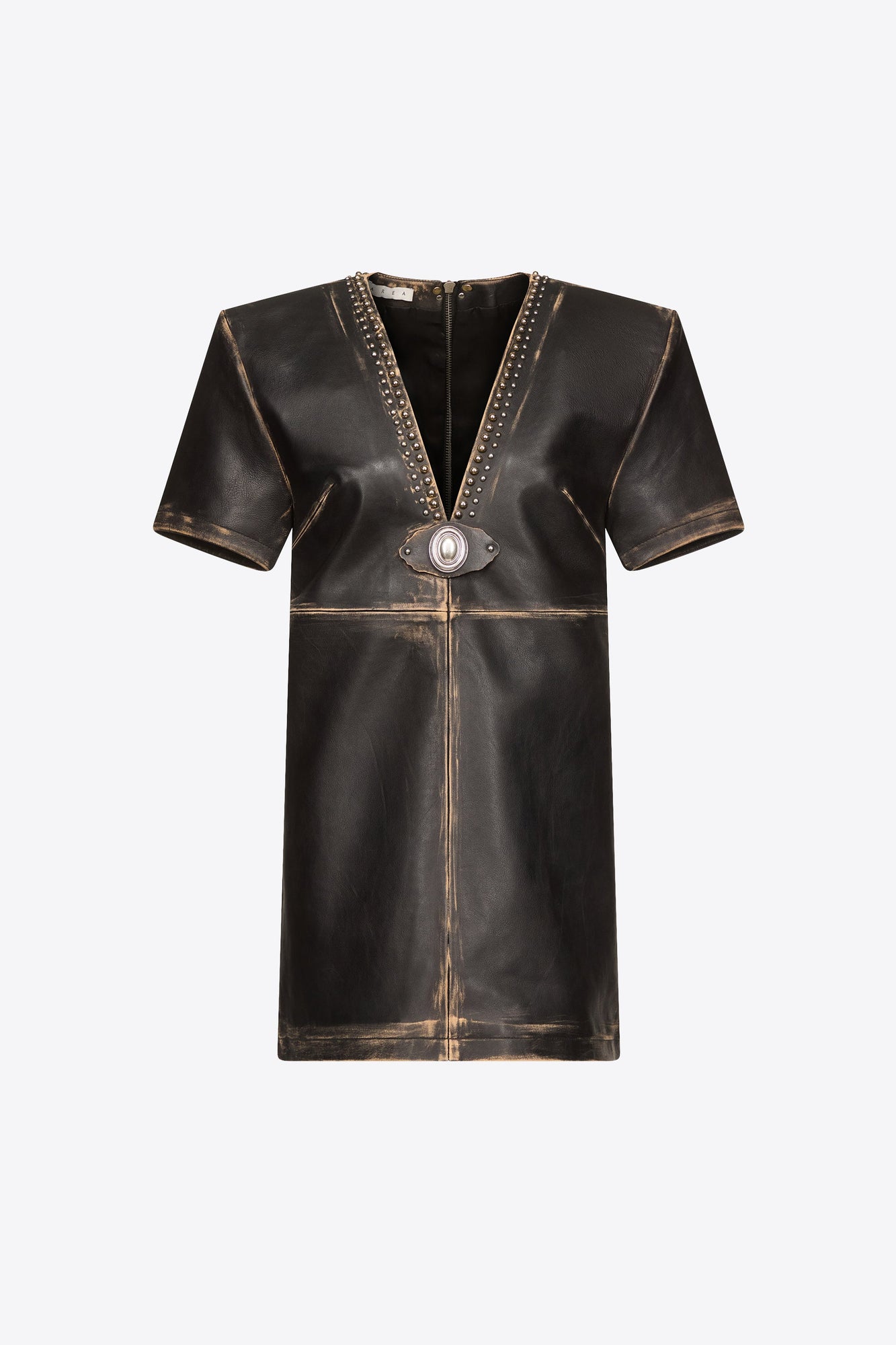 Studded Leather V-Neck T-Shirt Dress | Black