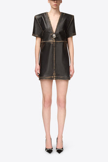 Studded Leather V-Neck T-Shirt Dress | Black