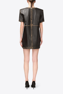 Studded Leather V-Neck T-Shirt Dress | Black
