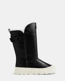 The KLAIR L - L225519 Black by Rudsak is a black leather mid-calf women's boot with a thick white sole, wool lining, side buckle detail, and back pull tab—perfect city boots—displayed on a plain light background.