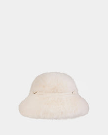 The Rudsak YURI - L425538 Iceland is a fluffy white faux-fur bucket hat with vegan-leather trim and a front zipper pocket, shown on a plain white background.