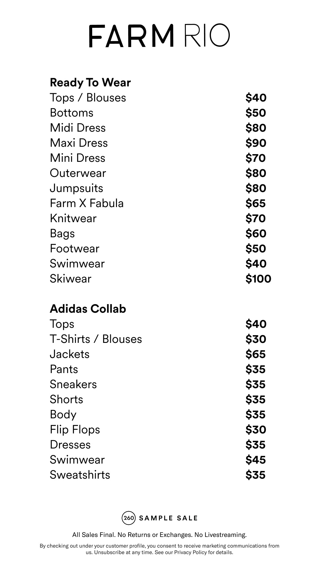 Price table