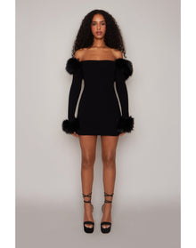 Faux Fur Off The Shoulder Mini Dress | Black