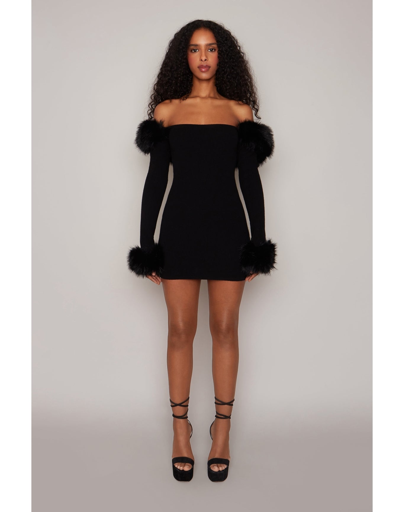 Faux Fur Off The Shoulder Mini Dress | Black